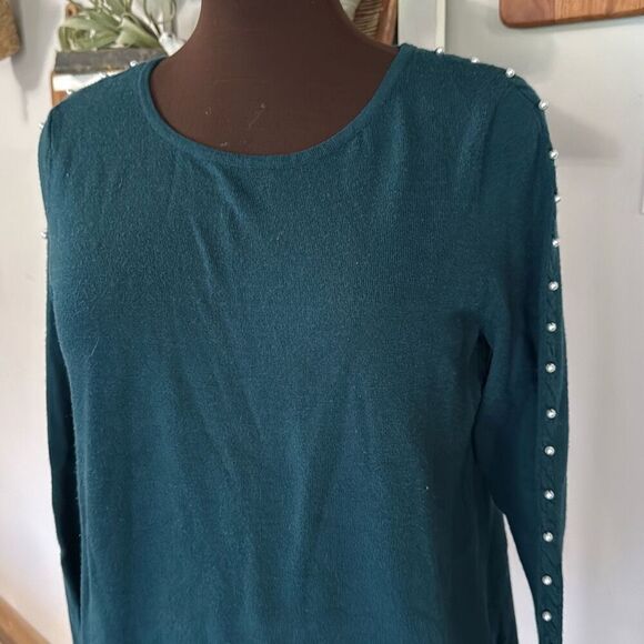 Soft surroundings crewneck pearl trimmed sweater womens size small green soft fe - Picture 2 of 10